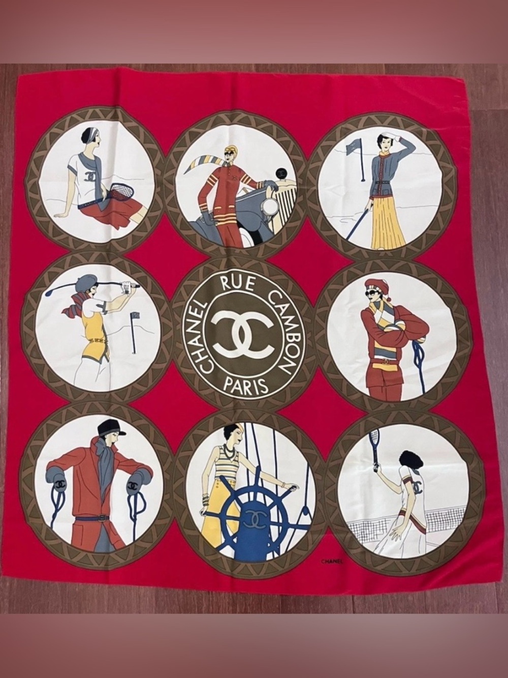 CHANEL  RUE CAMBON  VINTAGE SPORTS SILK SCARF 35”x33”  RED BROWN WHITE